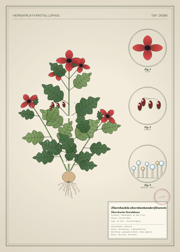 Botanische Tafel: Ebersbachia ebersbachanderfilsensis, eine erfundene Pflanze aus Ebersbach an der Fils, gezeichnet wie in einem alten Pflanzenatlas