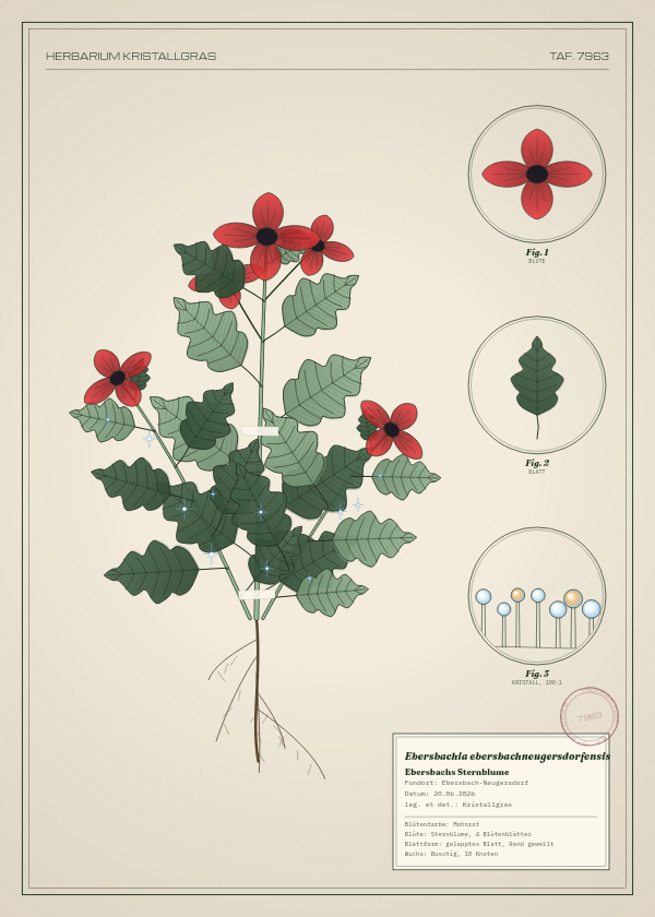 Botanische Tafel: Ebersbachia ebersbachneugersdorfensis, eine erfundene Pflanze aus Ebersbach-Neugersdorf, gezeichnet wie in einem alten Pflanzenatlas