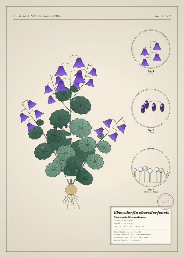 Botanische Tafel: Ebersdorfia ebersdorfensis, eine erfundene Pflanze aus Ebersdorf, gezeichnet wie in einem alten Pflanzenatlas