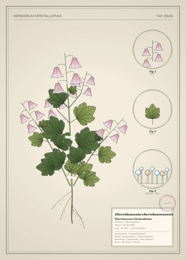 Botanische Tafel: Ebertshausenia ebertshausenensis, eine erfundene Pflanze aus Ebertshausen, gezeichnet wie in einem alten Pflanzenatlas
