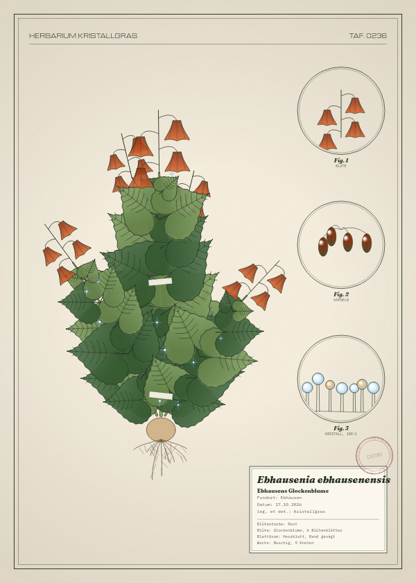Botanische Tafel: Ebhausenia ebhausenensis, eine erfundene Pflanze aus Ebhausen, gezeichnet wie in einem alten Pflanzenatlas