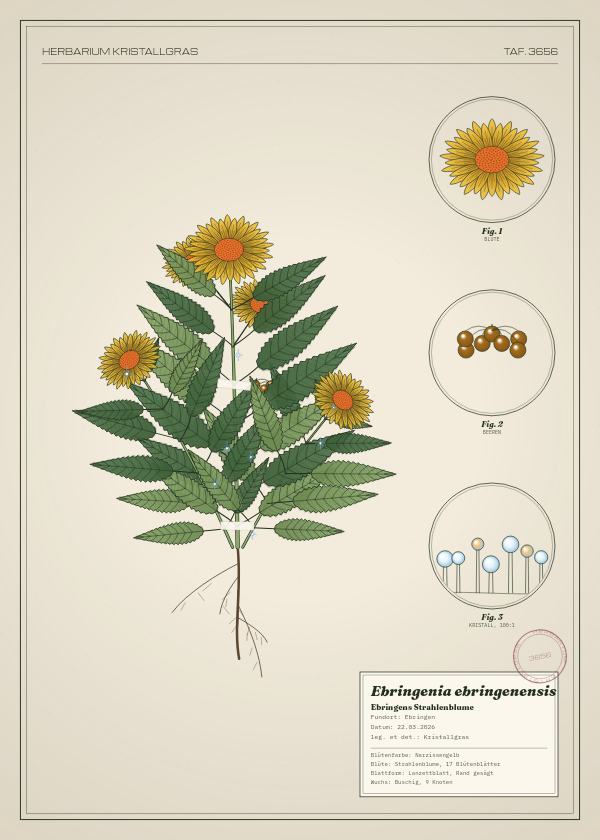 Botanische Tafel: Ebringenia ebringenensis, eine erfundene Pflanze aus Ebringen, gezeichnet wie in einem alten Pflanzenatlas