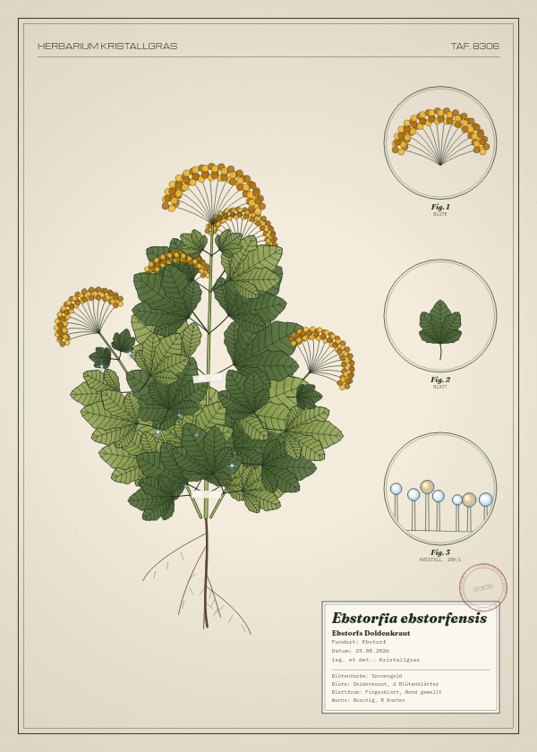 Botanische Tafel: Ebstorfia ebstorfensis, eine erfundene Pflanze aus Ebstorf, gezeichnet wie in einem alten Pflanzenatlas