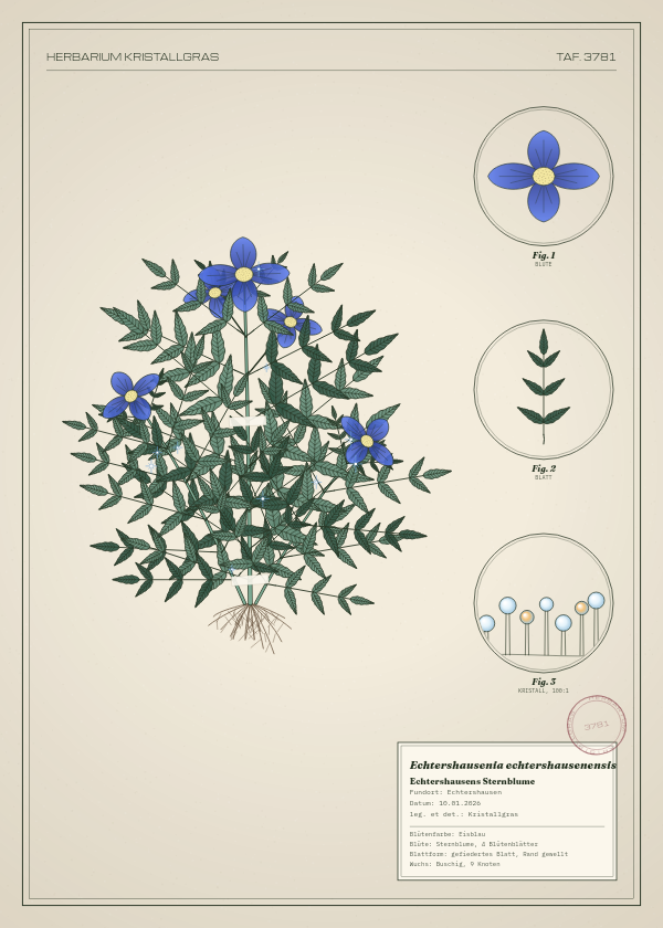 Botanische Tafel: Echtershausenia echtershausenensis, eine erfundene Pflanze aus Echtershausen, gezeichnet wie in einem alten Pflanzenatlas