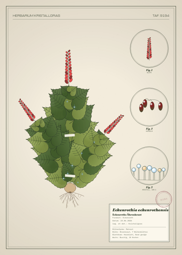 Botanische Tafel: Eckenrothia eckenrothensis, eine erfundene Pflanze aus Eckenroth, gezeichnet wie in einem alten Pflanzenatlas