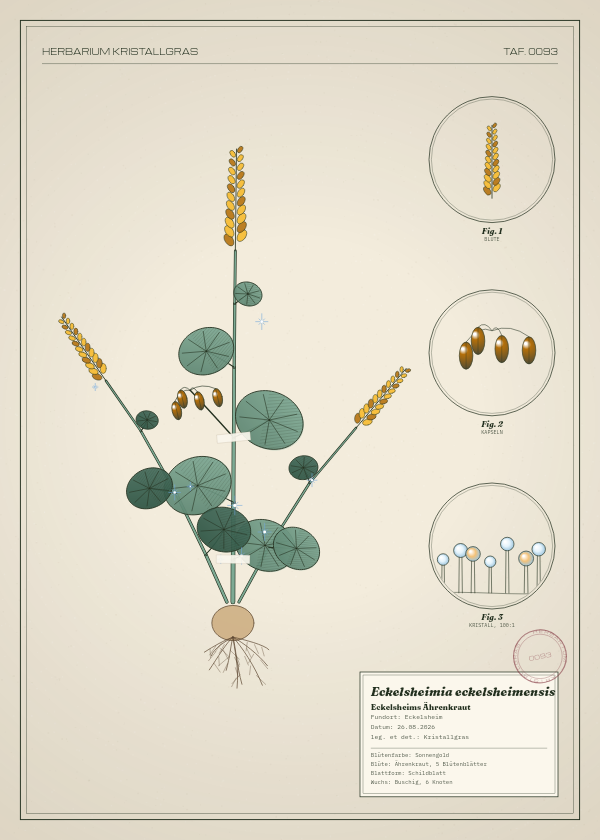 Botanische Tafel: Eckelsheimia eckelsheimensis, eine erfundene Pflanze aus Eckelsheim, gezeichnet wie in einem alten Pflanzenatlas