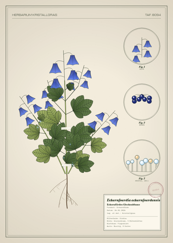 Botanische Tafel: Eckernfoerdia eckernfoerdensis, eine erfundene Pflanze aus Eckernförde, gezeichnet wie in einem alten Pflanzenatlas