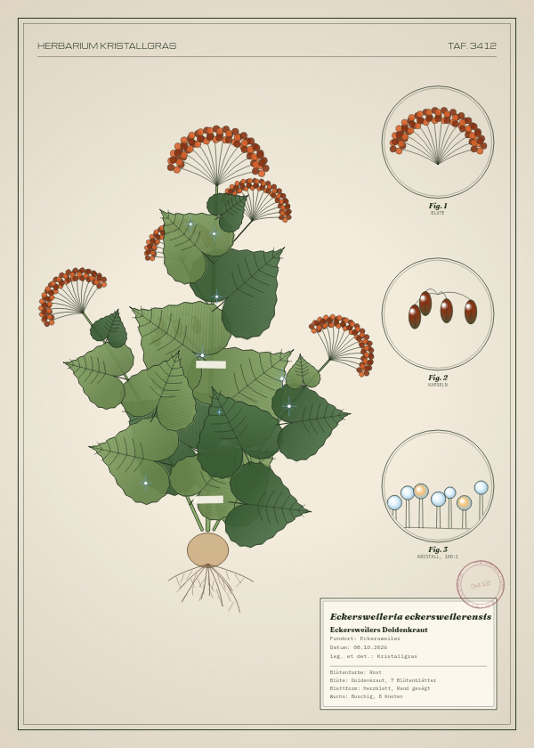 Botanische Tafel: Eckersweileria eckersweilerensis, eine erfundene Pflanze aus Eckersweiler, gezeichnet wie in einem alten Pflanzenatlas