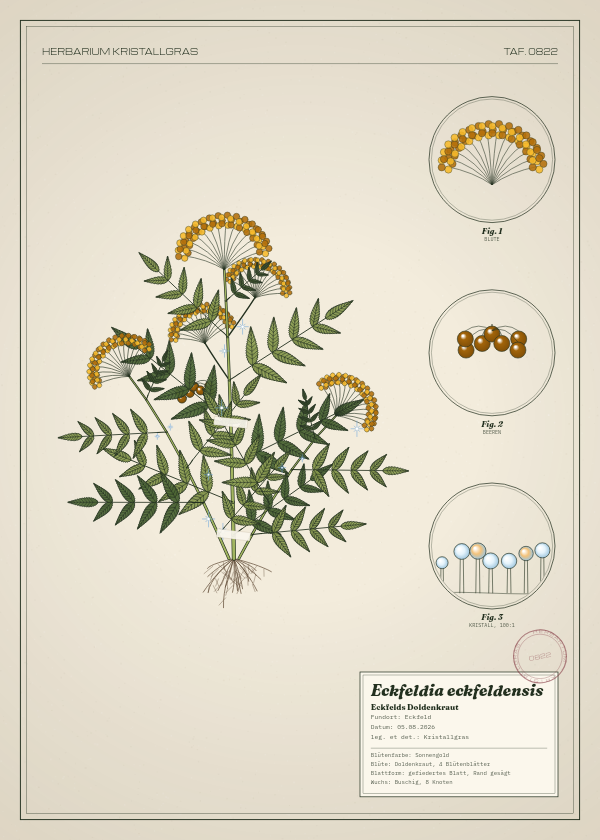 Botanische Tafel: Eckfeldia eckfeldensis, eine erfundene Pflanze aus Eckfeld, gezeichnet wie in einem alten Pflanzenatlas
