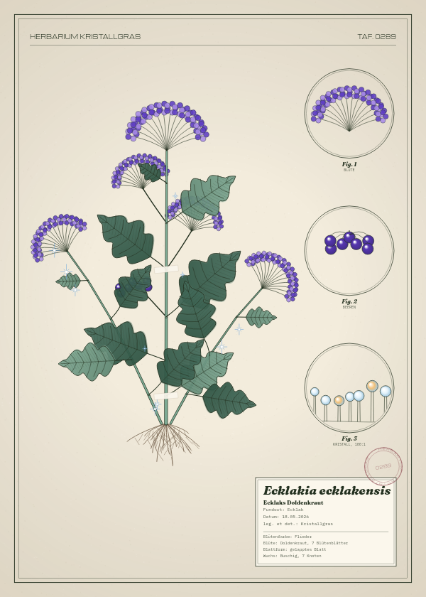 Botanische Tafel: Ecklakia ecklakensis, eine erfundene Pflanze aus Ecklak, gezeichnet wie in einem alten Pflanzenatlas