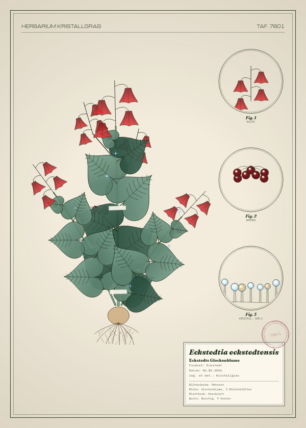 Botanische Tafel: Eckstedtia eckstedtensis, eine erfundene Pflanze aus Eckstedt, gezeichnet wie in einem alten Pflanzenatlas