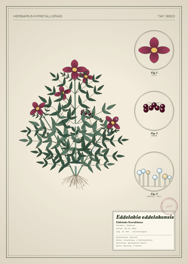 Botanische Tafel: Eddelakia eddelakensis, eine erfundene Pflanze aus Eddelak, gezeichnet wie in einem alten Pflanzenatlas