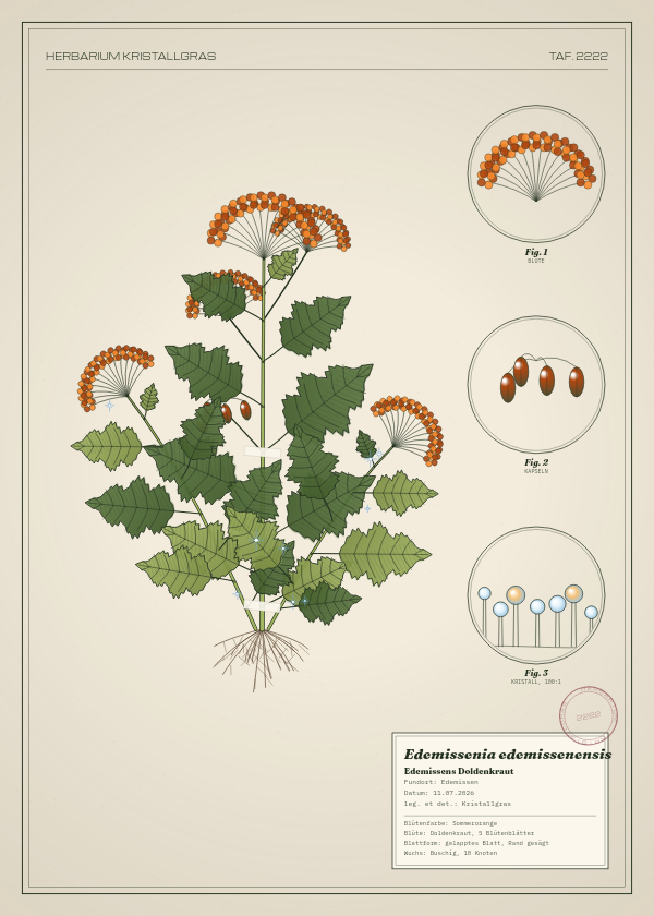 Botanische Tafel: Edemissenia edemissenensis, eine erfundene Pflanze aus Edemissen, gezeichnet wie in einem alten Pflanzenatlas