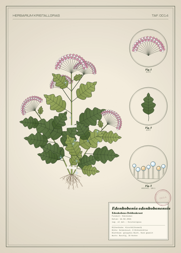 Botanische Tafel: Edenkobenia edenkobenensis, eine erfundene Pflanze aus Edenkoben, gezeichnet wie in einem alten Pflanzenatlas