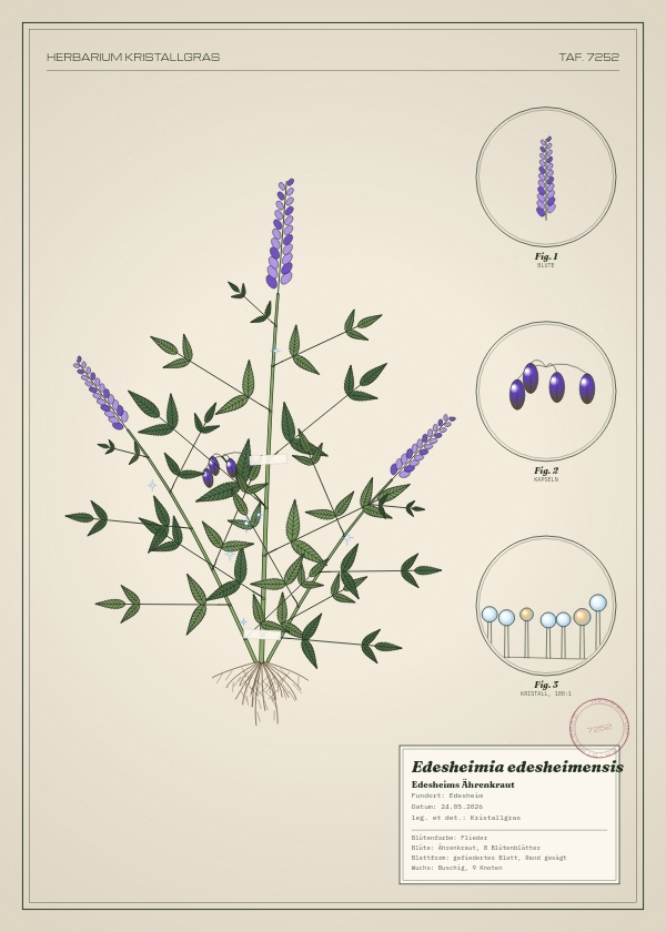 Botanische Tafel: Edesheimia edesheimensis, eine erfundene Pflanze aus Edesheim, gezeichnet wie in einem alten Pflanzenatlas