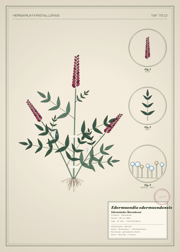 Botanische Tafel: Edermuendia edermuendensis, eine erfundene Pflanze aus Edermünde, gezeichnet wie in einem alten Pflanzenatlas