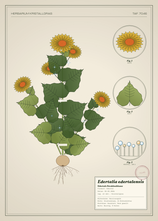 Botanische Tafel: Edertalia edertalensis, eine erfundene Pflanze aus Edertal, gezeichnet wie in einem alten Pflanzenatlas