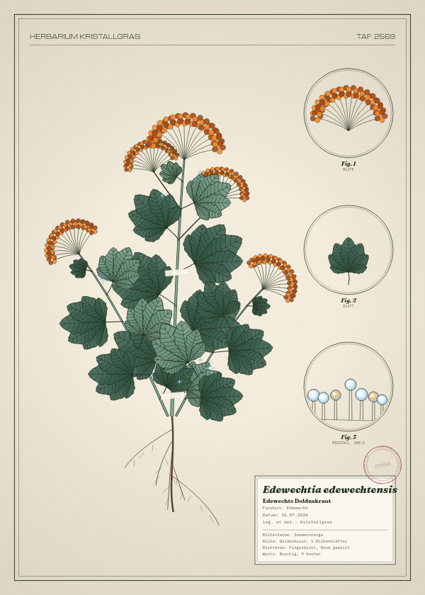 Botanische Tafel: Edewechtia edewechtensis, eine erfundene Pflanze aus Edewecht, gezeichnet wie in einem alten Pflanzenatlas