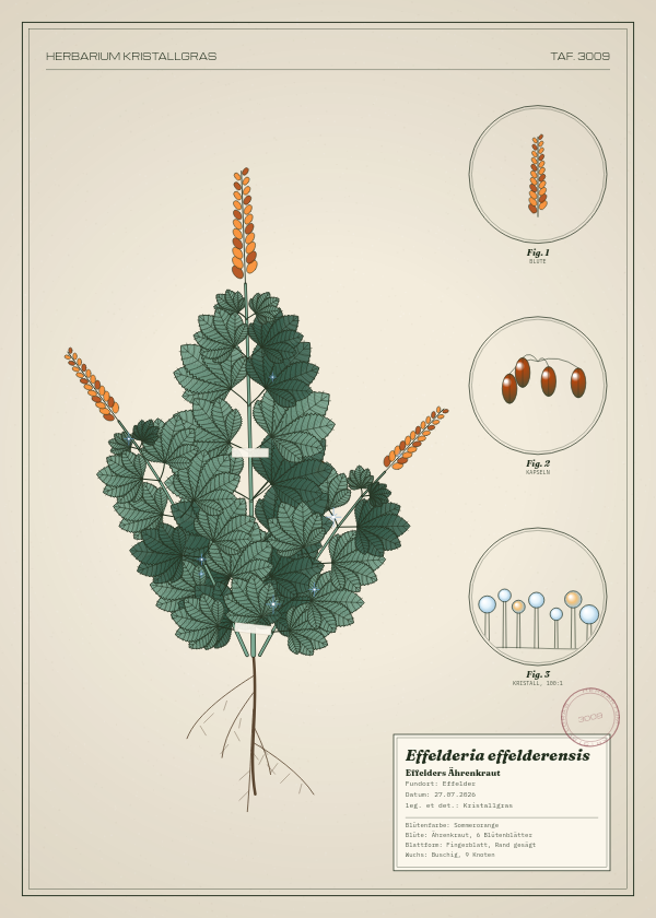 Botanische Tafel: Effelderia effelderensis, eine erfundene Pflanze aus Effelder, gezeichnet wie in einem alten Pflanzenatlas