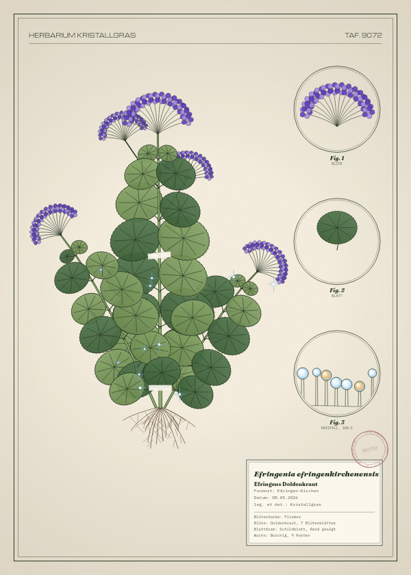 Botanische Tafel: Efringenia efringenkirchenensis, eine erfundene Pflanze aus Efringen-Kirchen, gezeichnet wie in einem alten Pflanzenatlas