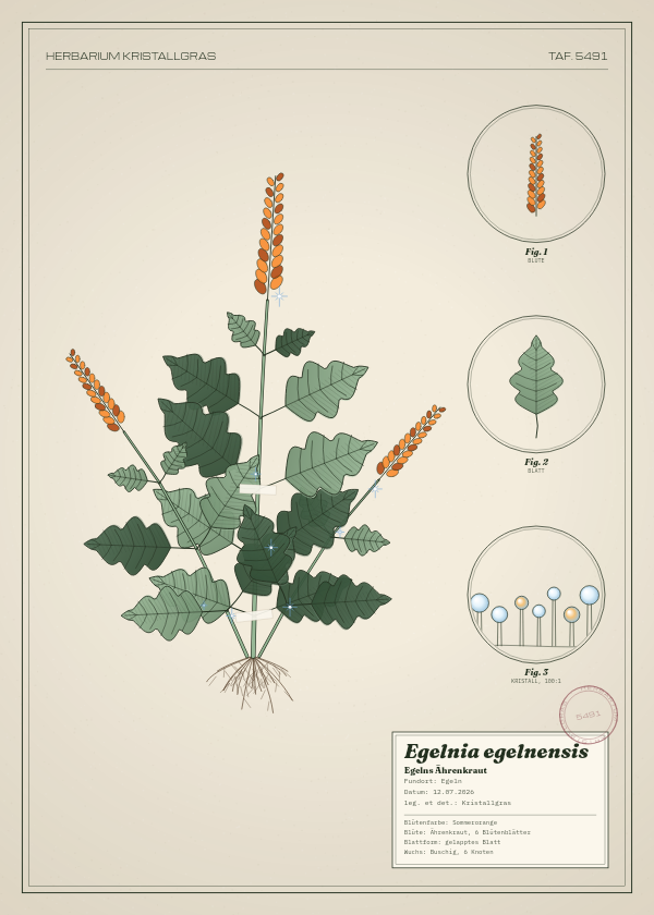 Botanische Tafel: Egelnia egelnensis, eine erfundene Pflanze aus Egeln, gezeichnet wie in einem alten Pflanzenatlas
