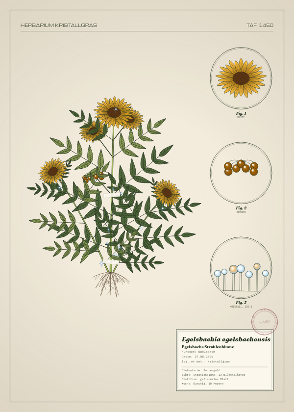 Botanische Tafel: Egelsbachia egelsbachensis, eine erfundene Pflanze aus Egelsbach, gezeichnet wie in einem alten Pflanzenatlas