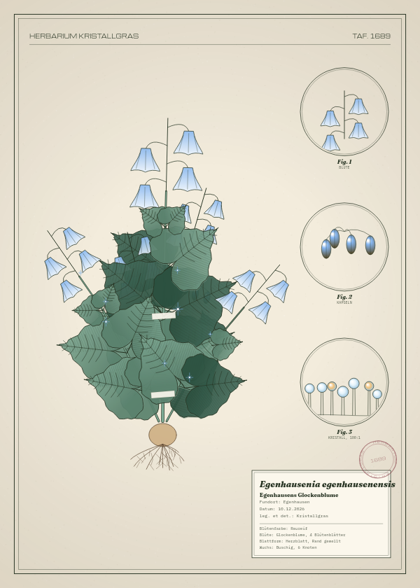 Botanische Tafel: Egenhausenia egenhausenensis, eine erfundene Pflanze aus Egenhausen, gezeichnet wie in einem alten Pflanzenatlas