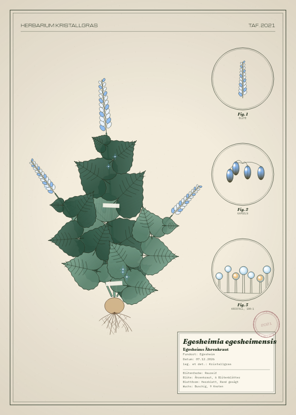 Botanische Tafel: Egesheimia egesheimensis, eine erfundene Pflanze aus Egesheim, gezeichnet wie in einem alten Pflanzenatlas