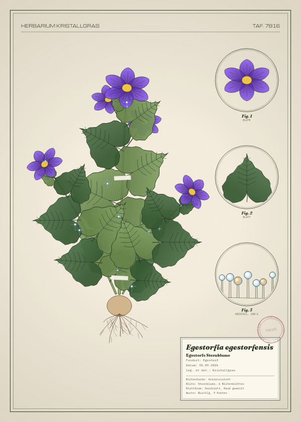 Botanische Tafel: Egestorfia egestorfensis, eine erfundene Pflanze aus Egestorf, gezeichnet wie in einem alten Pflanzenatlas