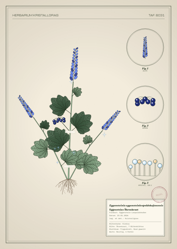 Botanische Tafel: Eggensteinia eggensteinleopoldshafenensis, eine erfundene Pflanze aus Eggenstein-Leopoldshafen, gezeichnet wie in einem alten Pflanzenatlas
