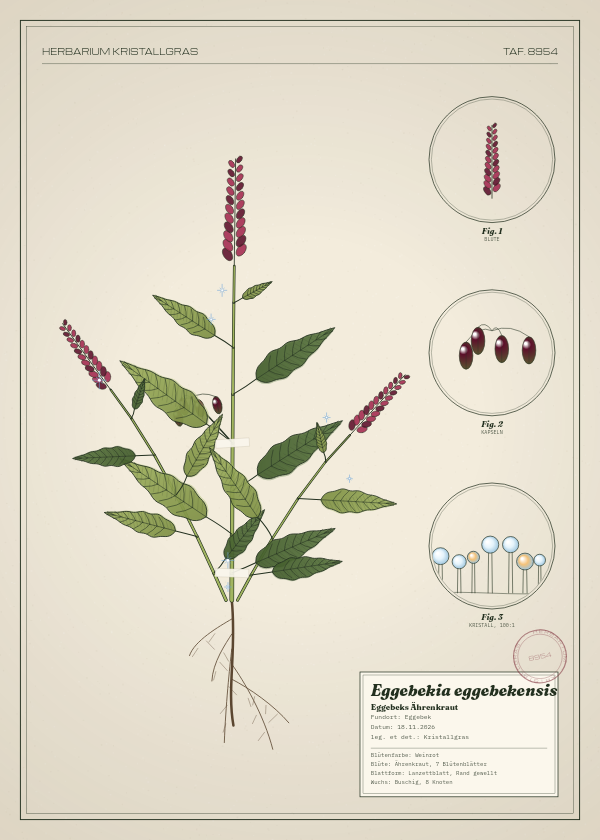 Botanische Tafel: Eggebekia eggebekensis, eine erfundene Pflanze aus Eggebek, gezeichnet wie in einem alten Pflanzenatlas