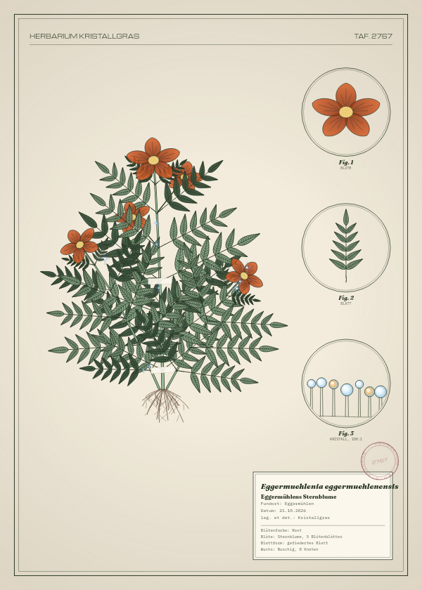 Botanische Tafel: Eggermuehlenia eggermuehlenensis, eine erfundene Pflanze aus Eggermühlen, gezeichnet wie in einem alten Pflanzenatlas