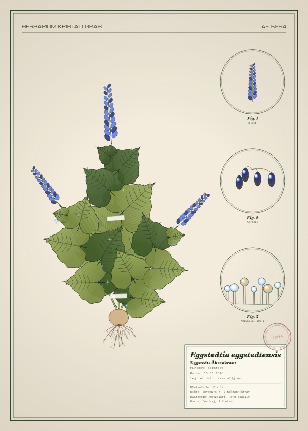 Botanische Tafel: Eggstedtia eggstedtensis, eine erfundene Pflanze aus Eggstedt, gezeichnet wie in einem alten Pflanzenatlas