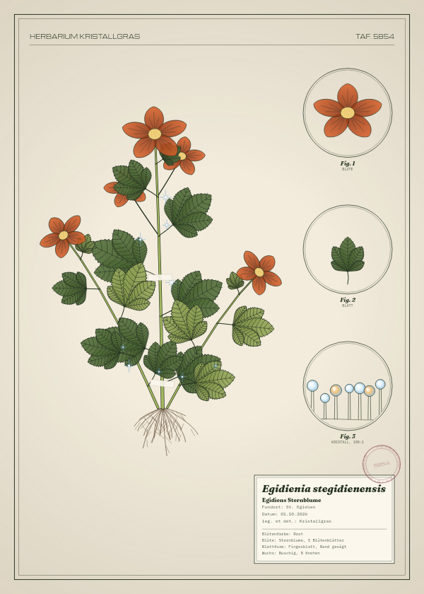 Botanische Tafel: Egidienia stegidienensis, eine erfundene Pflanze aus St. Egidien, gezeichnet wie in einem alten Pflanzenatlas