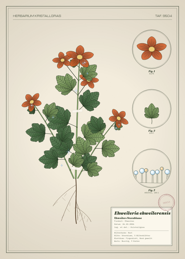 Botanische Tafel: Ehweileria ehweilerensis, eine erfundene Pflanze aus Ehweiler, gezeichnet wie in einem alten Pflanzenatlas