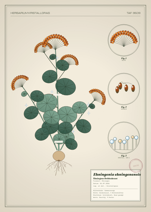 Botanische Tafel: Ehningenia ehningenensis, eine erfundene Pflanze aus Ehningen, gezeichnet wie in einem alten Pflanzenatlas