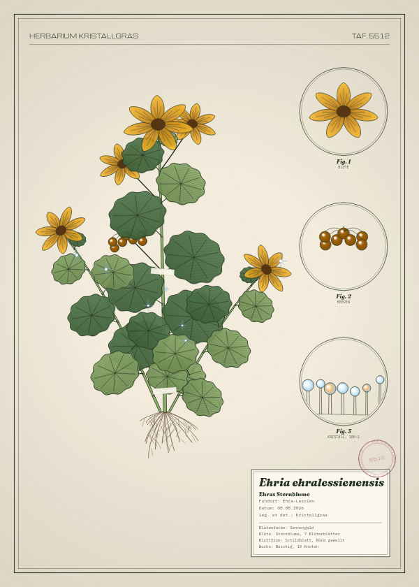 Botanische Tafel: Ehria ehralessienensis, eine erfundene Pflanze aus Ehra-Lessien, gezeichnet wie in einem alten Pflanzenatlas
