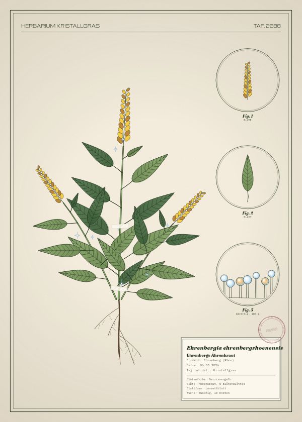 Botanische Tafel: Ehrenbergia ehrenbergrhoenensis, eine erfundene Pflanze aus Ehrenberg (Rhön), gezeichnet wie in einem alten Pflanzenatlas