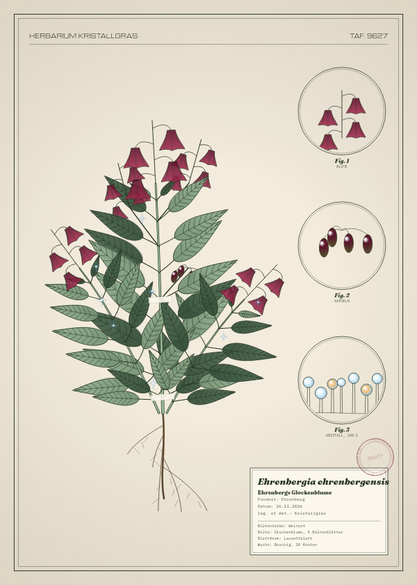 Botanische Tafel: Ehrenbergia ehrenbergensis, eine erfundene Pflanze aus Ehrenberg, gezeichnet wie in einem alten Pflanzenatlas