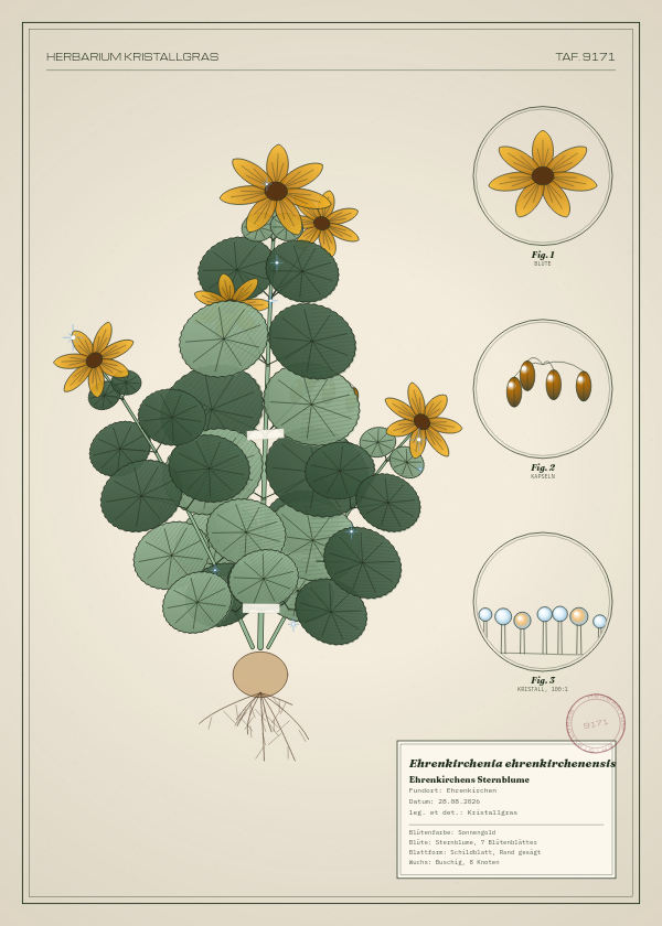 Botanische Tafel: Ehrenkirchenia ehrenkirchenensis, eine erfundene Pflanze aus Ehrenkirchen, gezeichnet wie in einem alten Pflanzenatlas