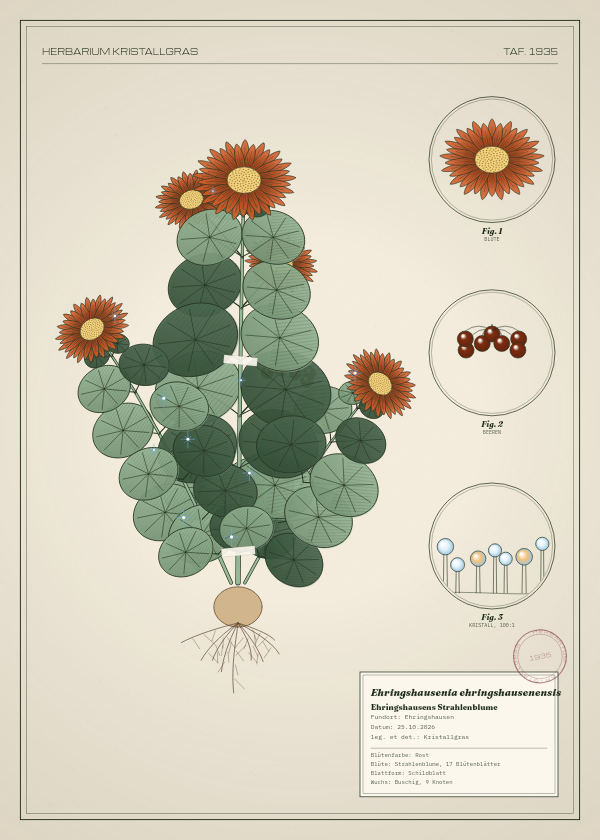 Botanische Tafel: Ehringshausenia ehringshausenensis, eine erfundene Pflanze aus Ehringshausen, gezeichnet wie in einem alten Pflanzenatlas