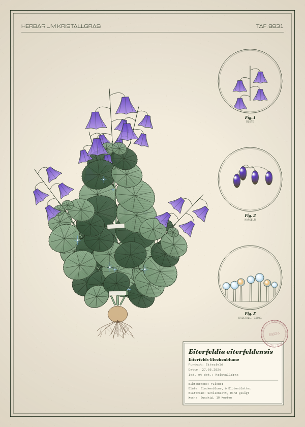 Botanische Tafel: Eiterfeldia eiterfeldensis, eine erfundene Pflanze aus Eiterfeld, gezeichnet wie in einem alten Pflanzenatlas