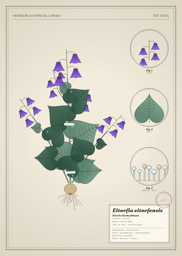 Botanische Tafel: Eitorfia eitorfensis, eine erfundene Pflanze aus Eitorf, gezeichnet wie in einem alten Pflanzenatlas