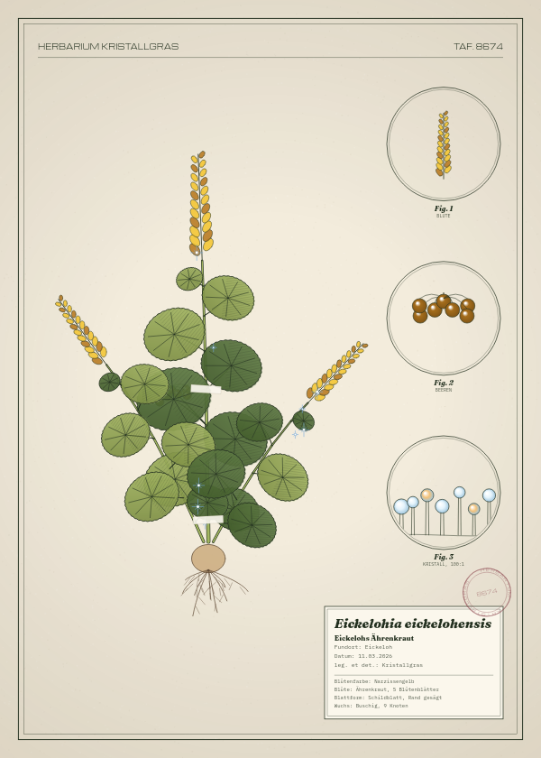 Botanische Tafel: Eickelohia eickelohensis, eine erfundene Pflanze aus Eickeloh, gezeichnet wie in einem alten Pflanzenatlas