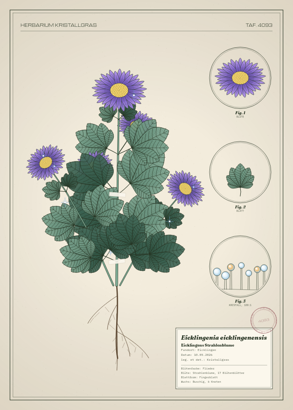 Botanische Tafel: Eicklingenia eicklingenensis, eine erfundene Pflanze aus Eicklingen, gezeichnet wie in einem alten Pflanzenatlas