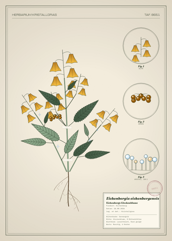 Botanische Tafel: Eichenbergia eichenbergensis, eine erfundene Pflanze aus Eichenberg, gezeichnet wie in einem alten Pflanzenatlas