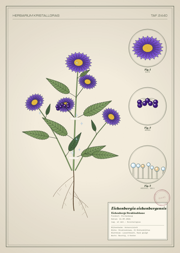 Botanische Tafel: Eichenbergia eichenbergensis, eine erfundene Pflanze aus Eichenberg, gezeichnet wie in einem alten Pflanzenatlas