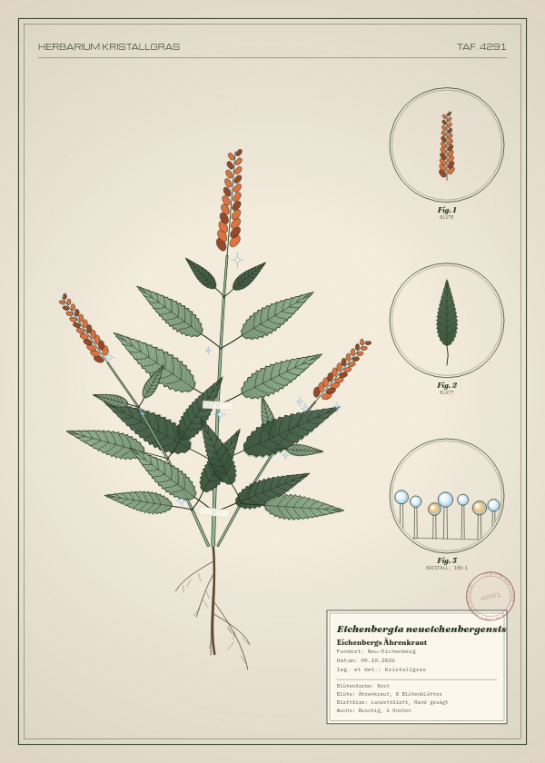 Botanische Tafel: Eichenbergia neueichenbergensis, eine erfundene Pflanze aus Neu-Eichenberg, gezeichnet wie in einem alten Pflanzenatlas