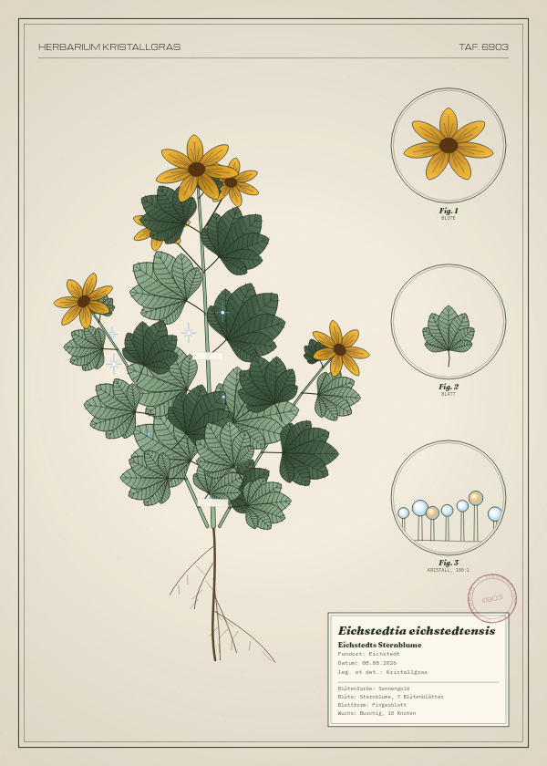 Botanische Tafel: Eichstedtia eichstedtensis, eine erfundene Pflanze aus Eichstedt, gezeichnet wie in einem alten Pflanzenatlas