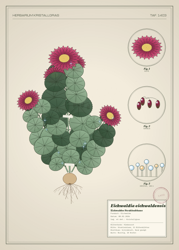 Botanische Tafel: Eichwaldia eichwaldensis, eine erfundene Pflanze aus Eichwalde, gezeichnet wie in einem alten Pflanzenatlas